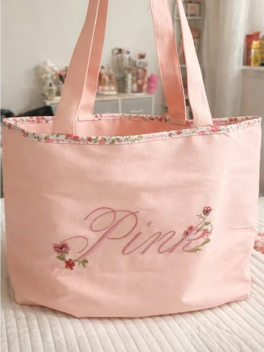 PINK Victoria's Secret Light Pink Floral Trim Tote